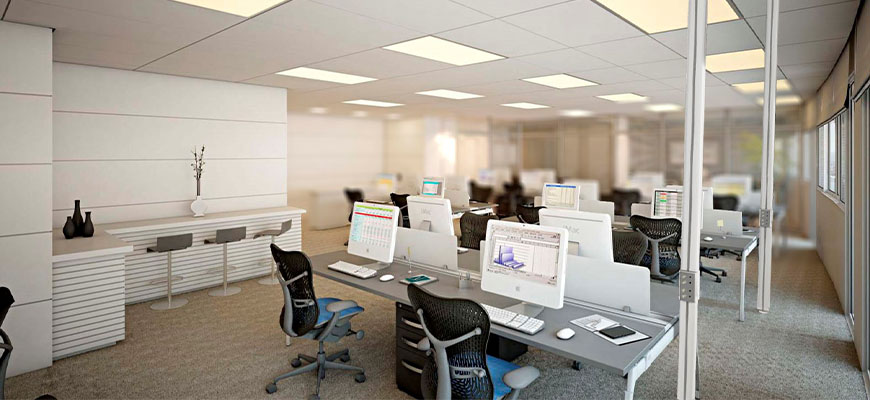 Coluna Articulada EMA da Valemam instalada em um escritório com conceito open spaces.